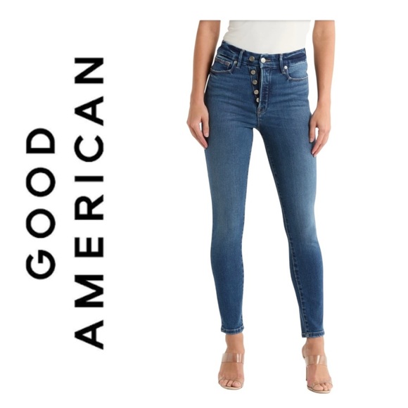 Good American Indigo Good Waist Asymmetrical Button Fly Skinny Jeans Size 6/28 - Picture 1 of 8